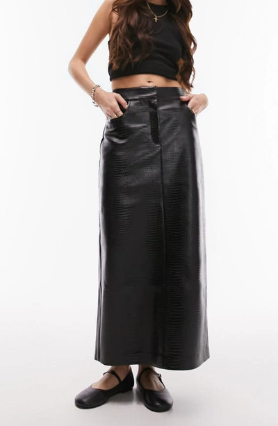 Topshop Croc Embossed Faux Leather Midi Skirt In Black