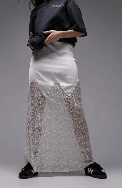 Topshop Satin & Lace Maxi Skirt In Light Grey