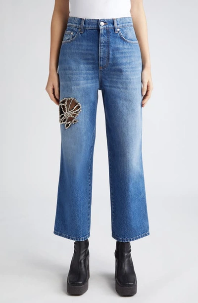 Stella Mccartney Crystal Flower Cutout Nonstretch Crop Straight Leg Jeans In Mid Blue