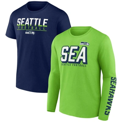 Fanatics Branded Neon Green/college Navy Seattle Seahawks Two-pack T-shirt Combo Set In Neon Green,college Navy