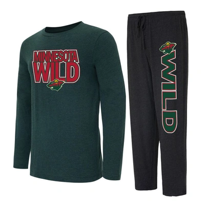 Concepts Sport Men's  Black, Green Minnesota Wild Meter Long Sleeve T-shirt And Pants Sleep Set In Black,green