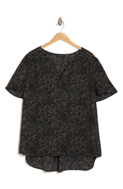 Pleione Stripe Short Sleeve High-low Tunic Top In Black Blue Tan Scattered Dot