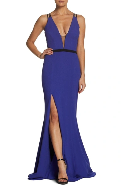 Dress The Population Lana Plunging Strappy Shoulder Gown In Blue/ Violet