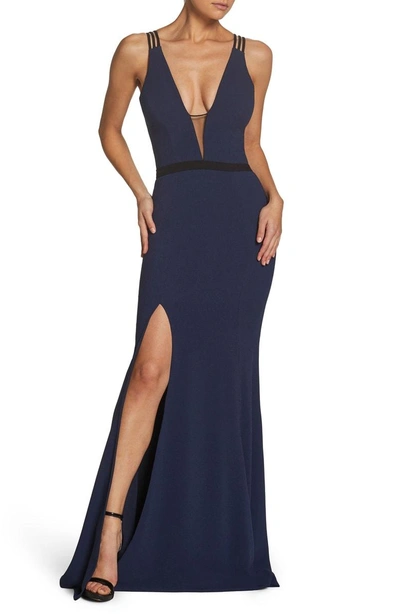 Dress The Population Lana Plunging Strappy Shoulder Gown In Midnight Blue