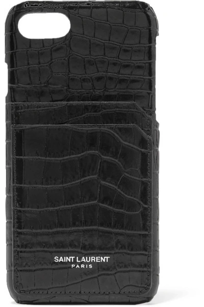 Saint Laurent Iphone 8 Case In Crocodile Embossed Shiny Leather In Black