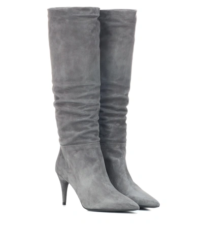 Prada Mid-heel Suede Knee-high Boots In Gray