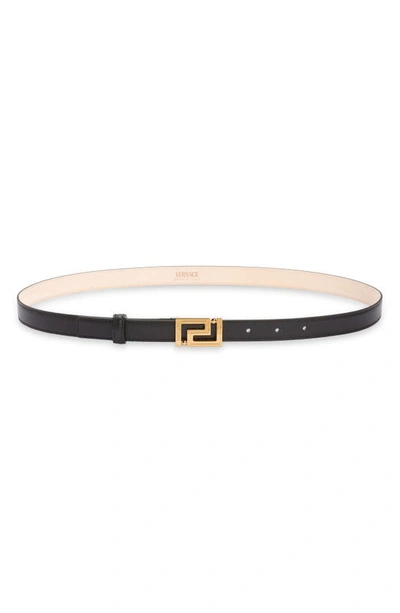 Versace Greca Buckle Leather Belt In Black/  Gold
