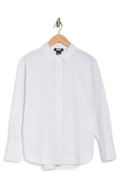 Dkny Pinstripe Banded Hem Button-up Shirt In White