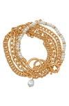 Jardin Imitation Pearl Mixed Chain Layered Bracelet In White/ Gold