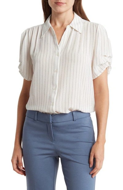 Adrianna Papell Puff Short Sleeve Button-up Top In Ivory Vertical Pinstripe