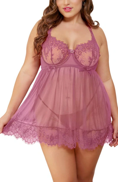 Seven 'til Midnight Seven ‘til Midnight Lace Babydoll Chemise & G-string In Mauve