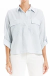 Max Studio Grid Print Roll Sleeve Popover Shirt In Blue Chambray Checkered