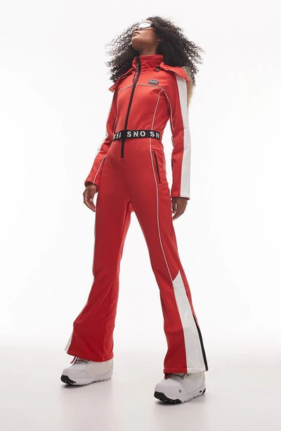 Topshop Hooded Belted Flare Leg Ski Suit With Faux Fur Trim In Red
