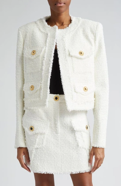 Balmain Four-pocket Open Front Tweed Jacket In White