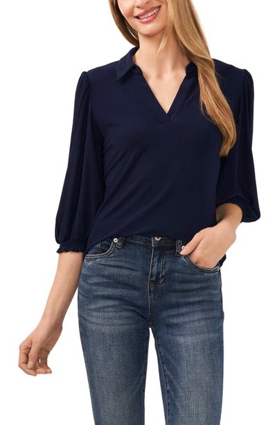 Cece Collared Ruffle Cuff Top In Navy J