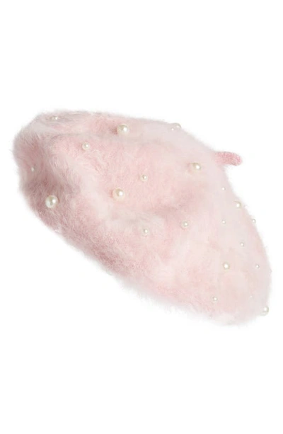 Bp. Pearly Bead Fuzzy Beret In White- Pink Crystal