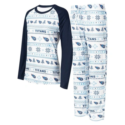 Concepts Sport White/navy Tennessee Titans Tinsel Raglan Long Sleeve T-shirt & Pants Sleep Set