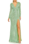Mac Duggal Sequin Long Sleeve Faux Wrap Gown In Green