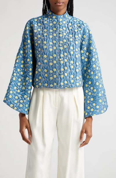 La Vie Style House Daisy Brocade Crop Jacket In Blue/ Yellow