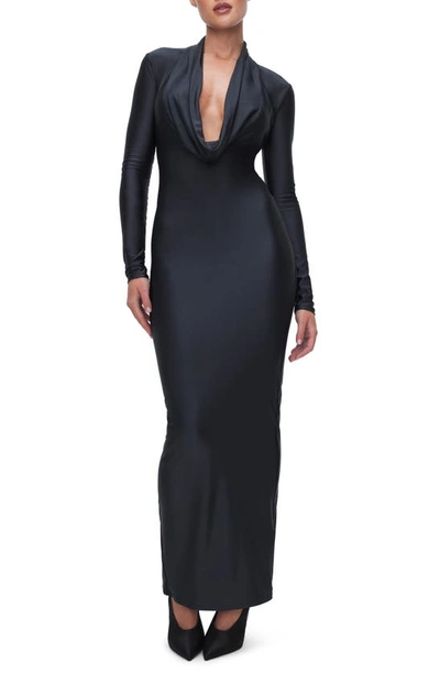 Good American Cowl Neck Long Sleeve Stretch Jersey Maxi Dress In Black001