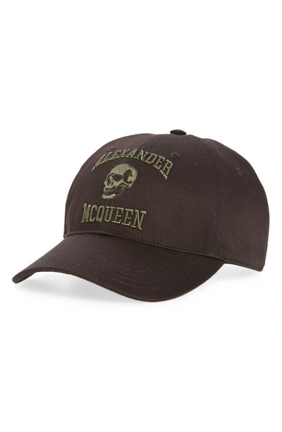 Alexander Mcqueen Varsity Skull Logo Embroidered Baseball Cap In Black/ Khaki