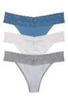 Natori Bliss 3-pack Perfection Lace Trim Thongs In Blue/ White/ Grey