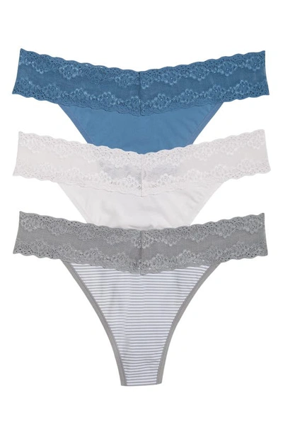 Natori Bliss 3-pack Perfection Lace Trim Thongs In Strm Stripe/poolsde/orchid