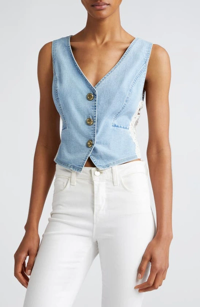 Ramy Brook Ellis Lace Panel Denim Vest In Light Wash Lace Denim