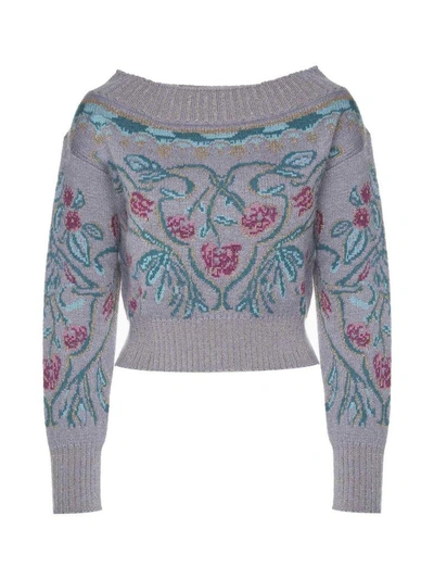 Alberta Ferretti Lurex Floral-intarsia Mohair And Wool-blend Crop Sweater In Grigio