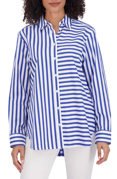 Foxcroft Mix Stripe Boyfriend Shirt In Blue/ White