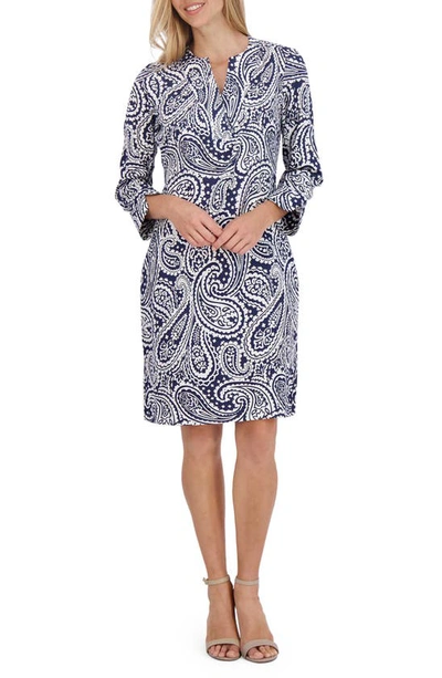 Foxcroft Vena Paisley Long Sleeve Shift Dress In Navy/white