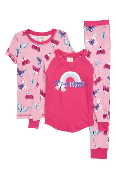 Munki Munki Kids' Butterflies Fitted Three-piece Pajamas In Pink