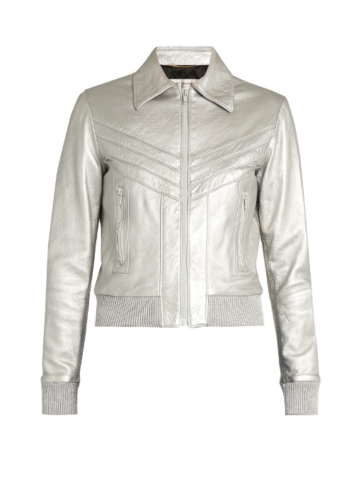 Saint Laurent Leather Bomber Jacket In Metallic-silver | ModeSens