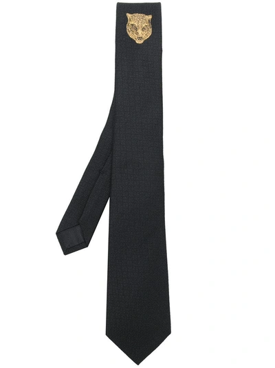 Gucci Tiger Head Underknot Silk Wool Tie In Black