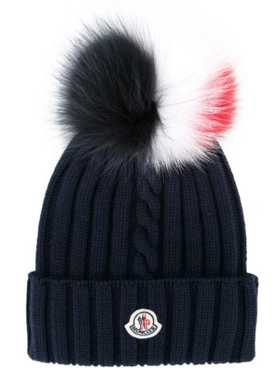 Moncler Pom-pom Logo Beanie Hat In Blue