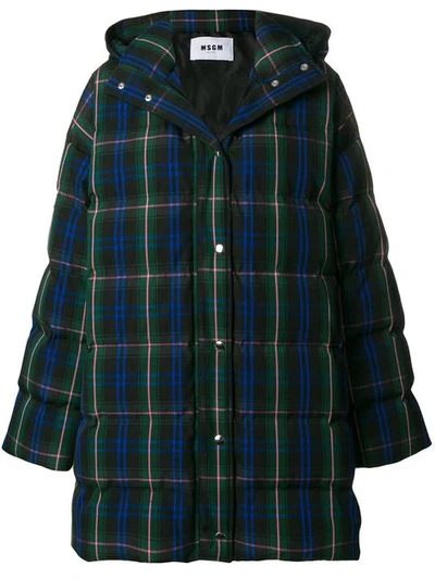 Msgm Plaid Quilted Coat In Green