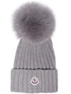 Moncler Grey Wool Beanie Hat With Pom Pom