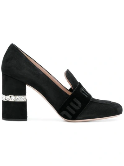 Miu Miu Crystal Heel Logo Band Loafers In F0002 Nero