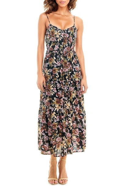 Socialite Floral Tiered Button-up Dress In Blk Multi Floral