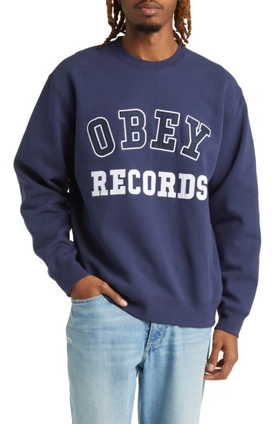 Obey Records Logo Crewneck Sweatshirt In Marine Blue