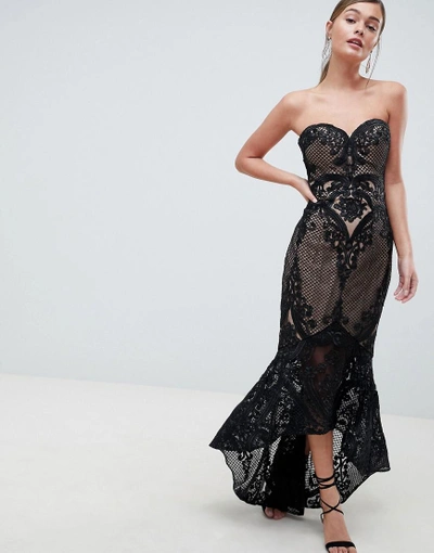 Bariano Sweetheart Fishtail Maxi Dress In Lace-black