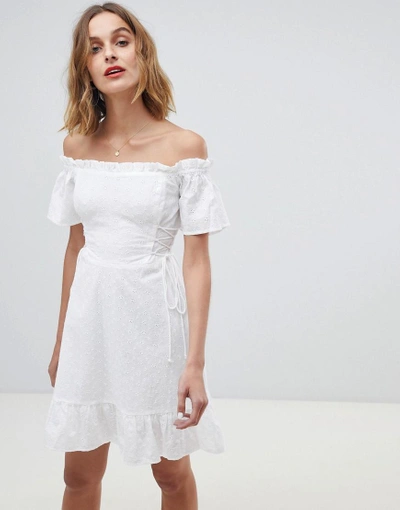 Neon Rose Bardot Dress In Broderie - White