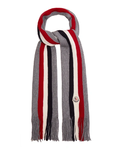 Moncler Striped Fringed Virgin Wool Scarf In Gray