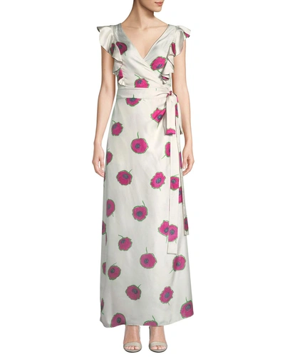 Double J Sleeveless Poppy-print Wrap Silk Wedding Guest Dress In White Pattern