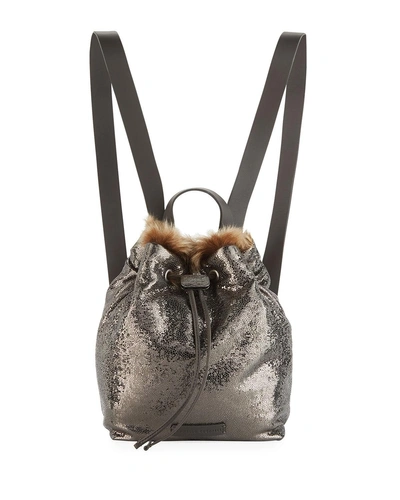 Brunello Cucinelli Broken-glass Effect Backpack With Shearling Fur In Gray
