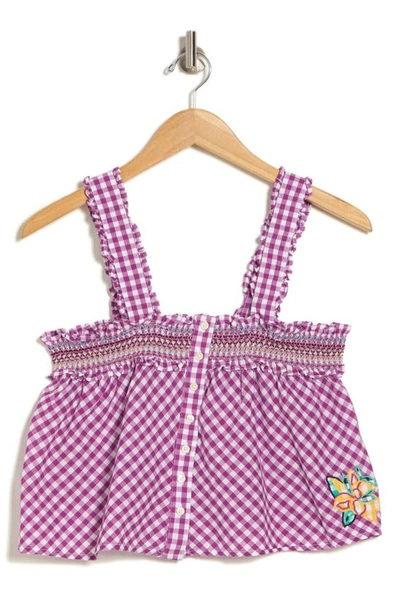 French Connection Adla Gingham Smocked Top In Vivid Viola/ Line Wht