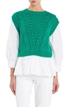 English Factory Mixed Media Cable Stitch Sweater In Green,white