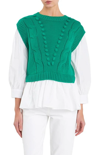 English Factory Mixed Media Cable Stitch Jumper In Green,white
