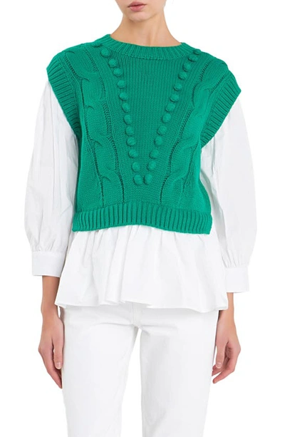 English Factory Mixed Media Cable Stitch Sweater In Green,white