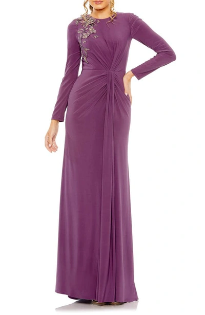Mac Duggal Embellished Long Sleeve Jersey Gown In Purple Plant